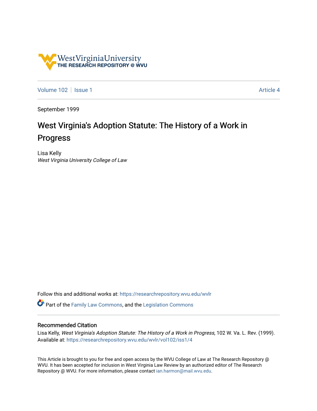West Virginia's Adoption Statute: the History of a Work in Progress