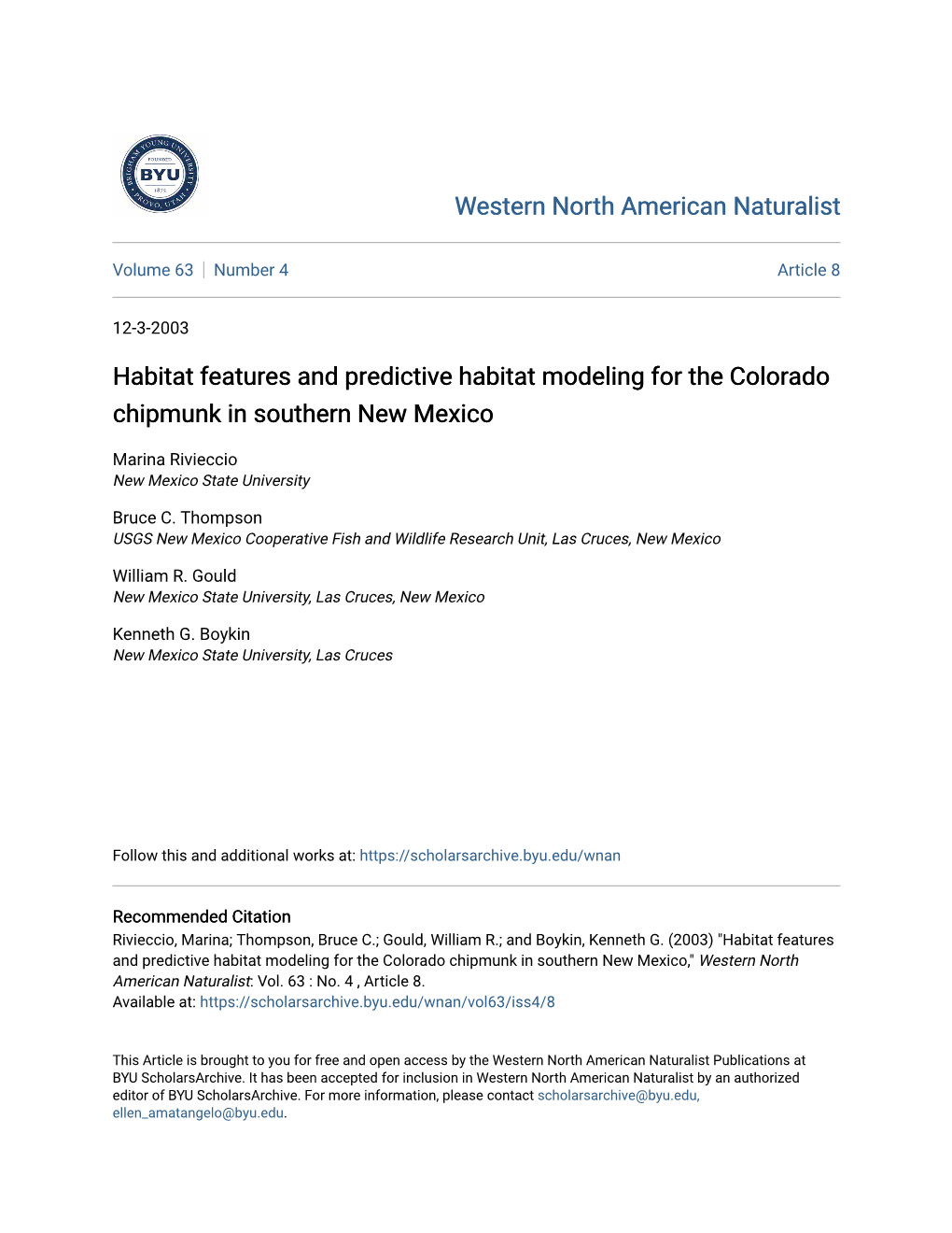 Habitat Features and Predictive Habitat Modeling for the Colorado Chipmunk in Southern New Mexico