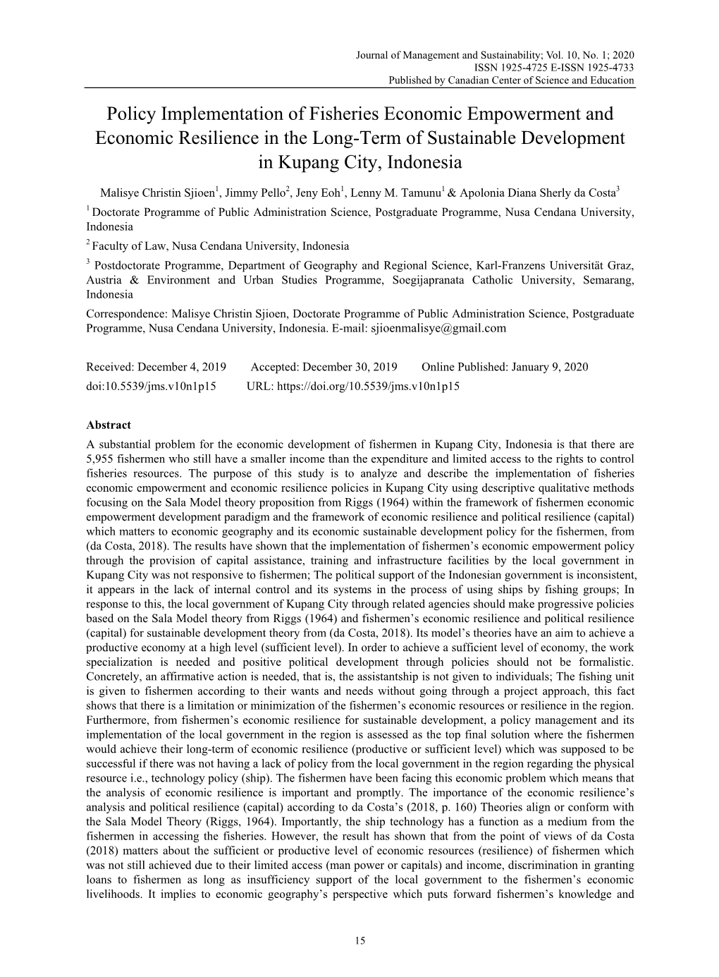 Policy Implementation of Fisheries Economic Empowerment and Economic Resilience in the Long-Term of Sustainable Development in Kupang City, Indonesia