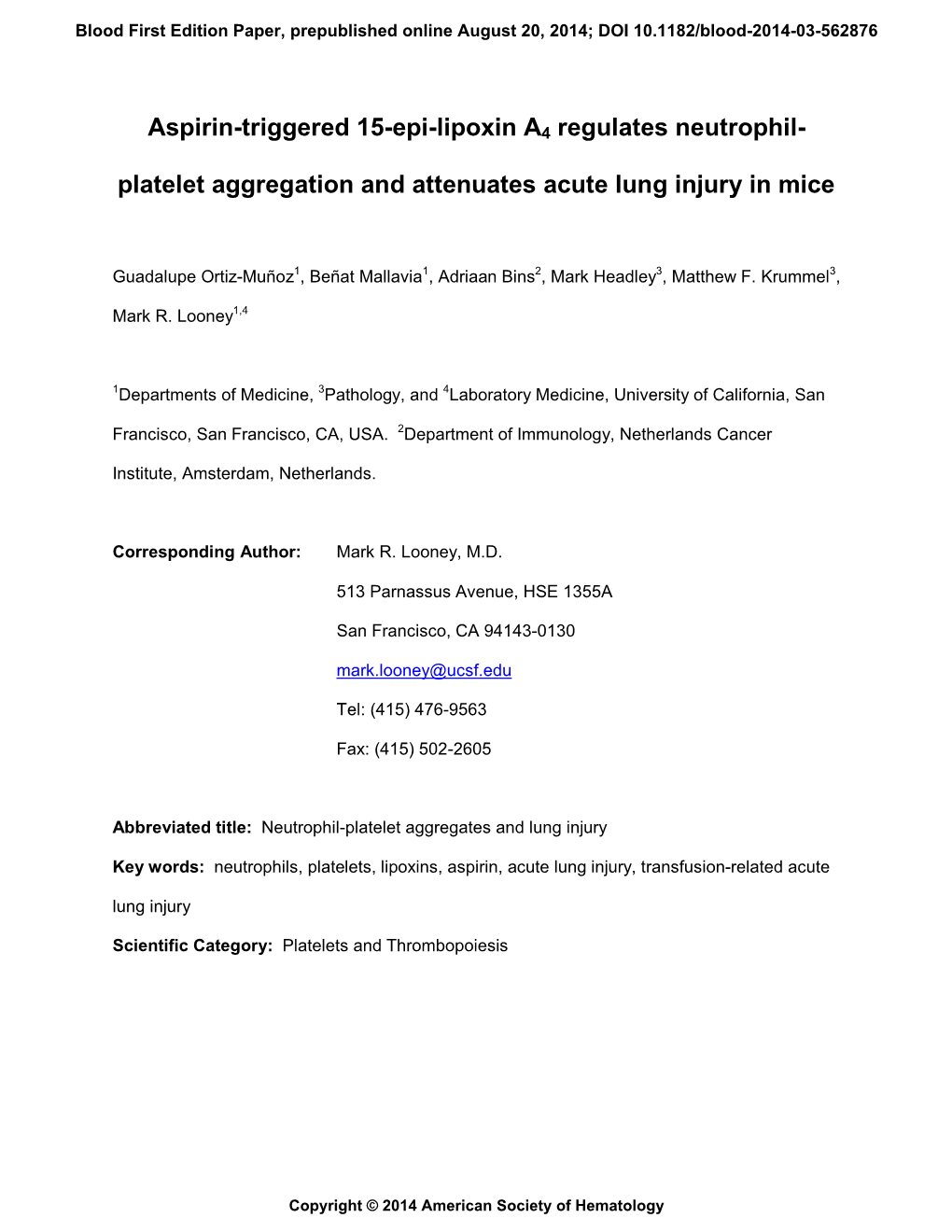 Platelet Aggregation and Attenuates Acute Lung Injury in Mice