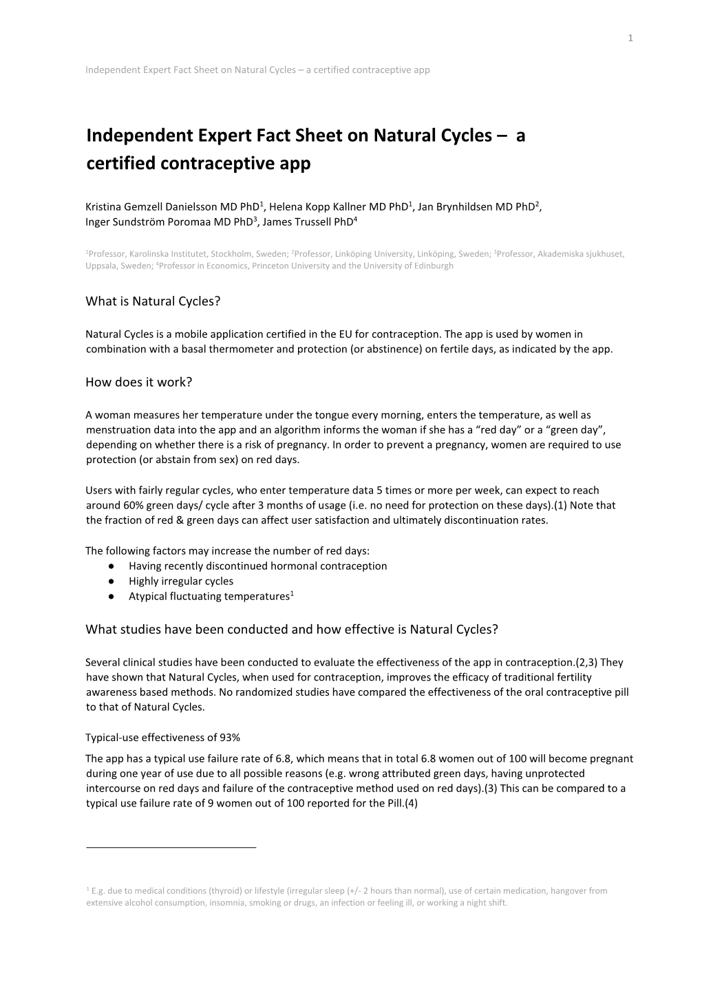 Independent Expert Fact Sheet on Natural Cycles – a Certified Contraceptive App