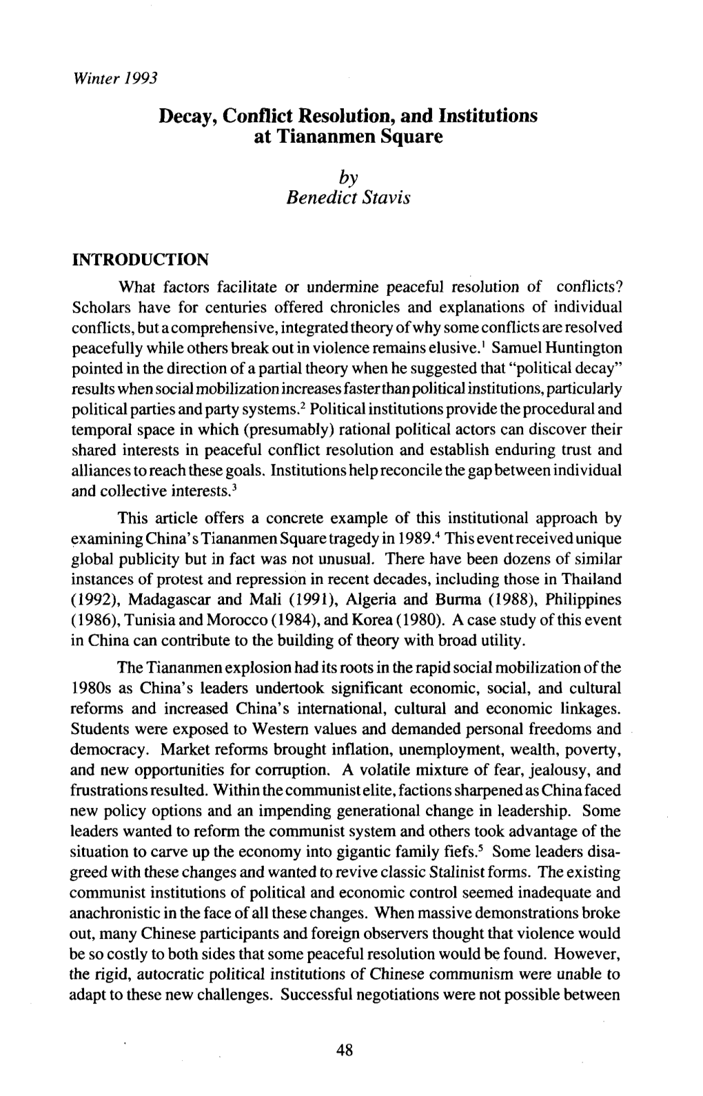 Decay, Conflict Resolution, and Institutions at Tiananmen Square by Benedict Stavis