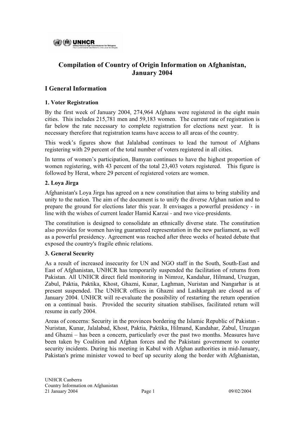 Compilation of Country of Origin Information on Afghanistan, January 2004