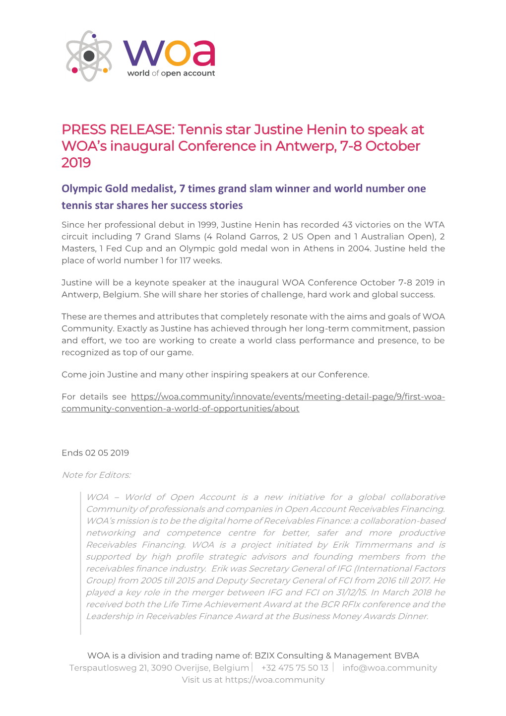 PRESS RELEASE: Tennis Star Justine Henin to Speak at WOA’S Inaugural Conference in Antwerp, 7-8 October 2019