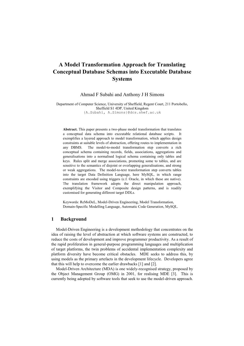 A Model Transformation Approach for Translating Conceptual Database Schemas Into Executable Database Systems