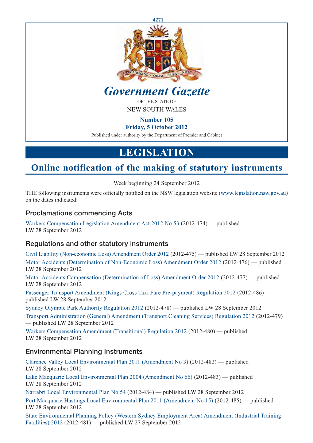 New South Wales Government Gazette No. 40 of 5 October 2012