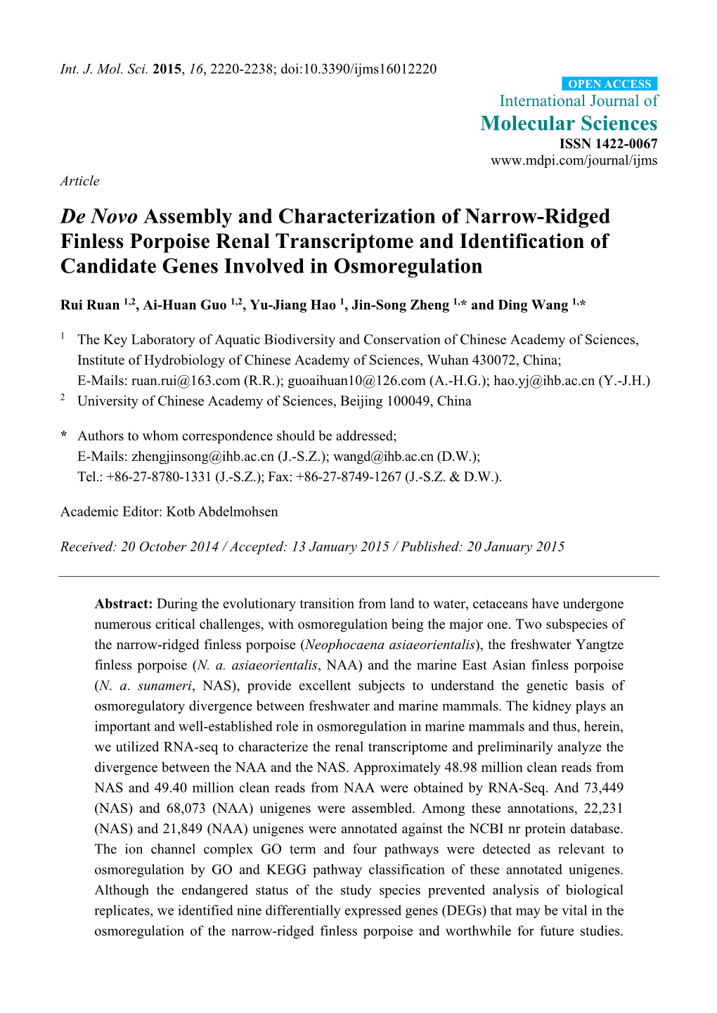 De Novo Assembly and Characterization of Narrow-Ridged Finless Porpoise Renal Transcriptome and Identification of Candidate Genes Involved in Osmoregulation