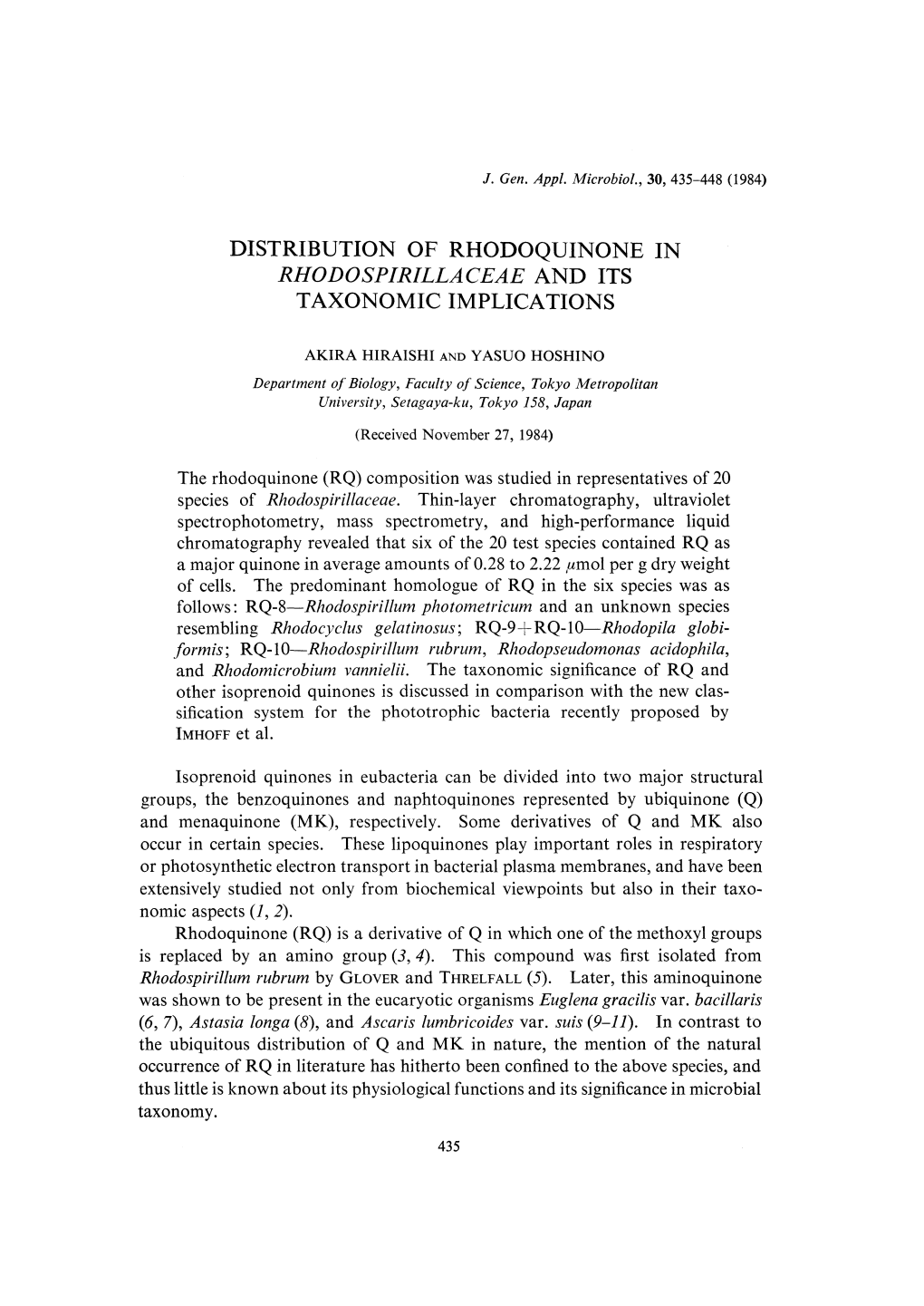 Distribution of Rhodoquinone Rhodospirillaceae and Its Taxonomic