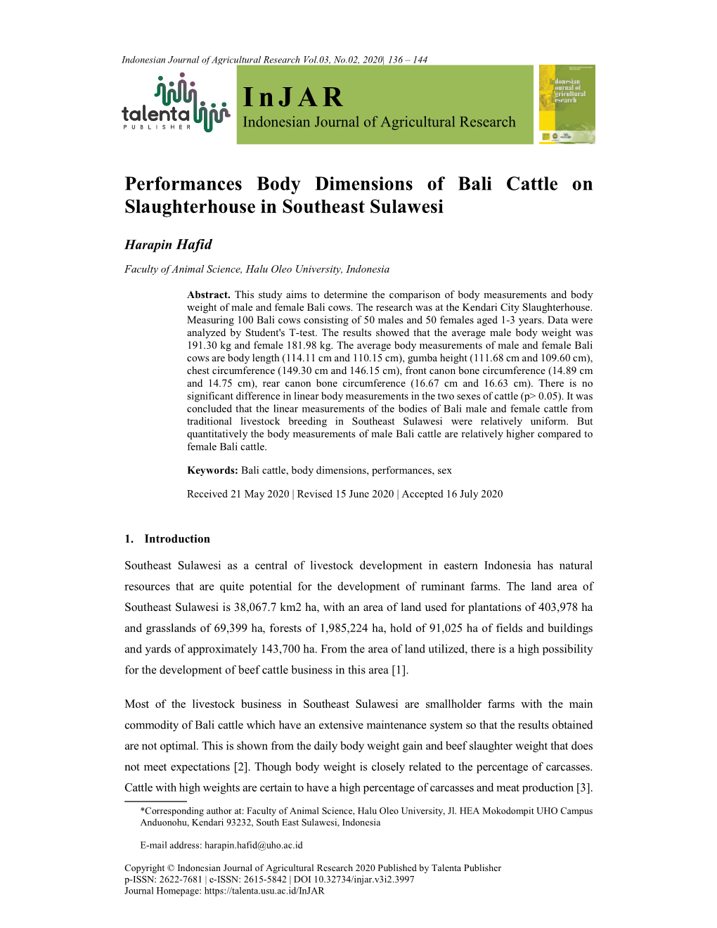 Performances Body Dimensions of Bali Cattle on Slaughterhouse in Southeast Sulawesi