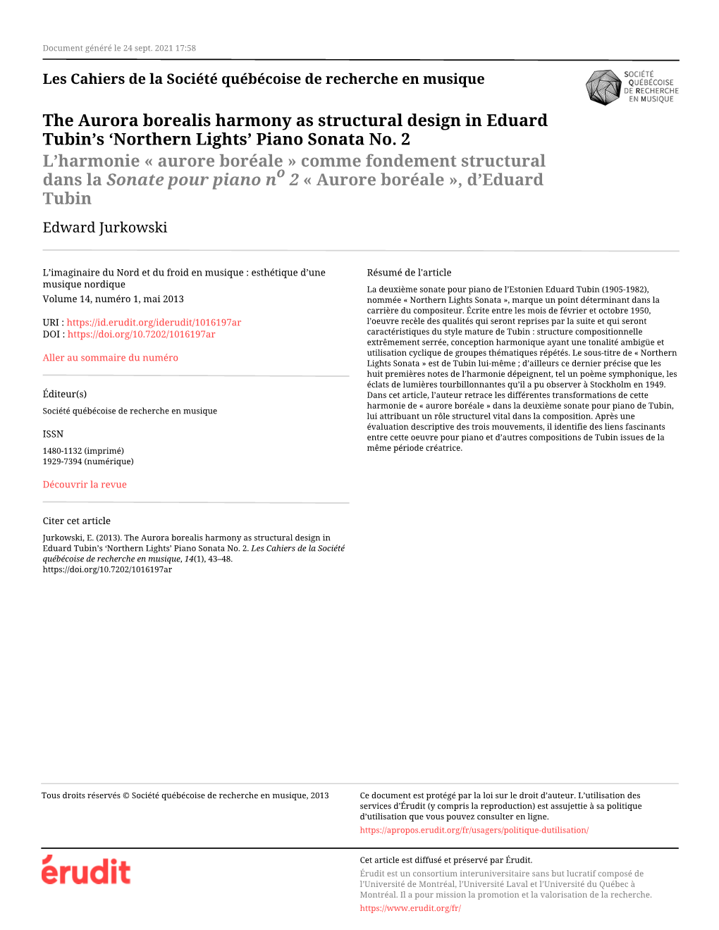 The Aurora Borealis Harmony As Structural Design in Eduard Tubin's