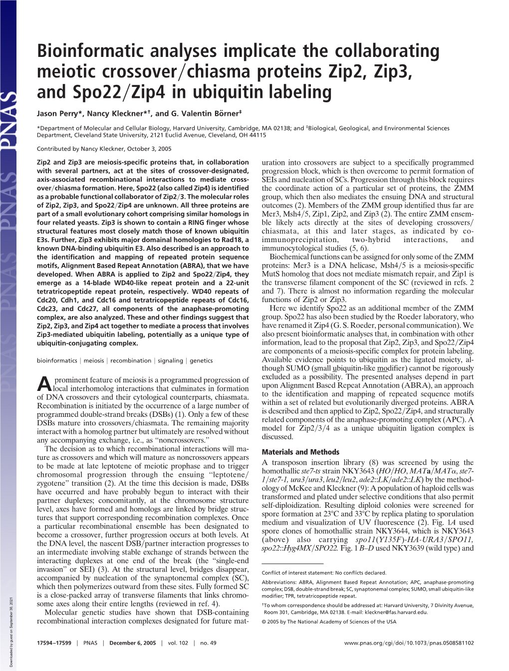 Bioinformatic Analyses Implicate the Collaborating Meiotic Crossover͞chiasma Proteins Zip2, Zip3, and Spo22͞zip4 in Ubiquitin Labeling