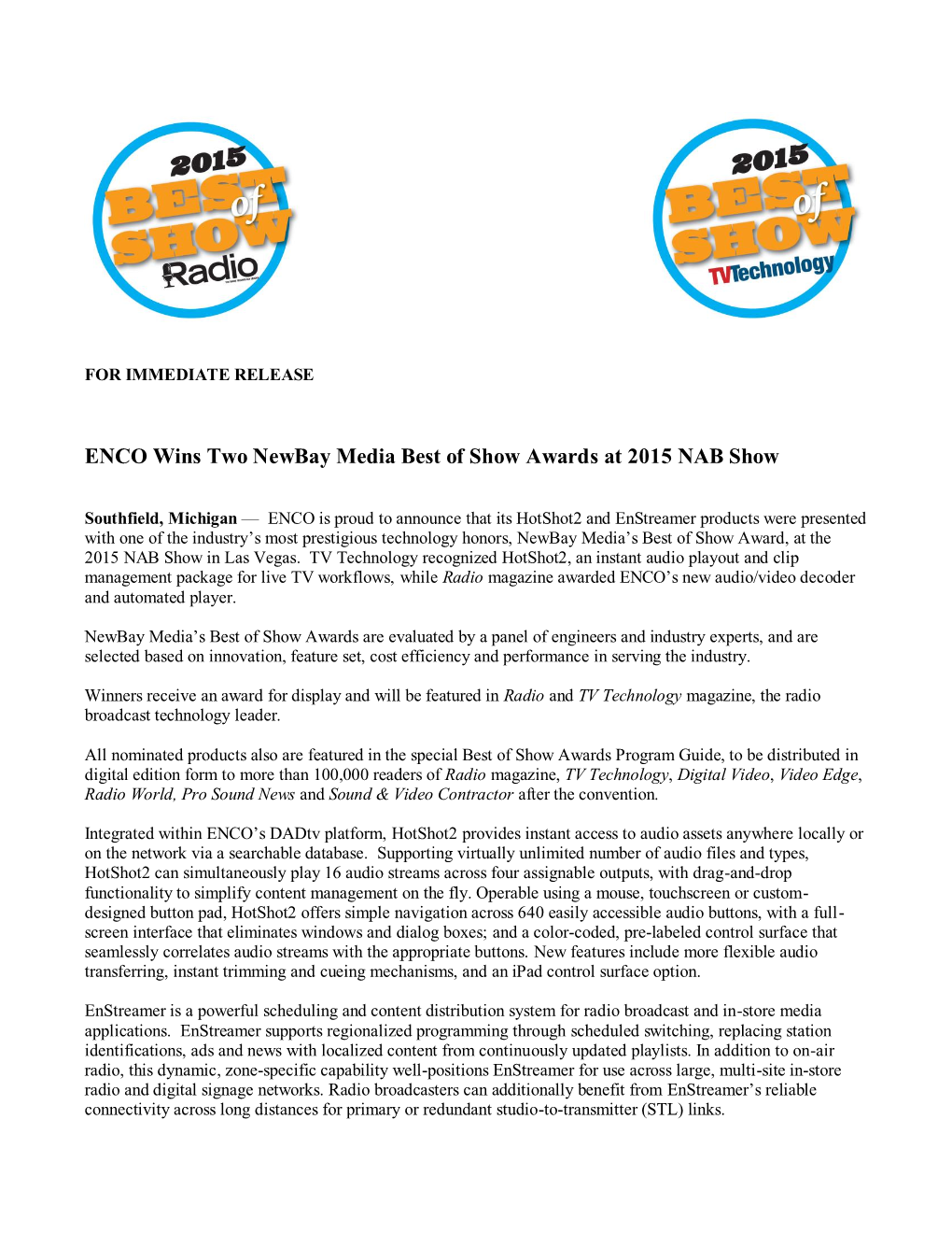 ENCO Wins Two Newbay Media Best of Show Awards at 2015 NAB Show