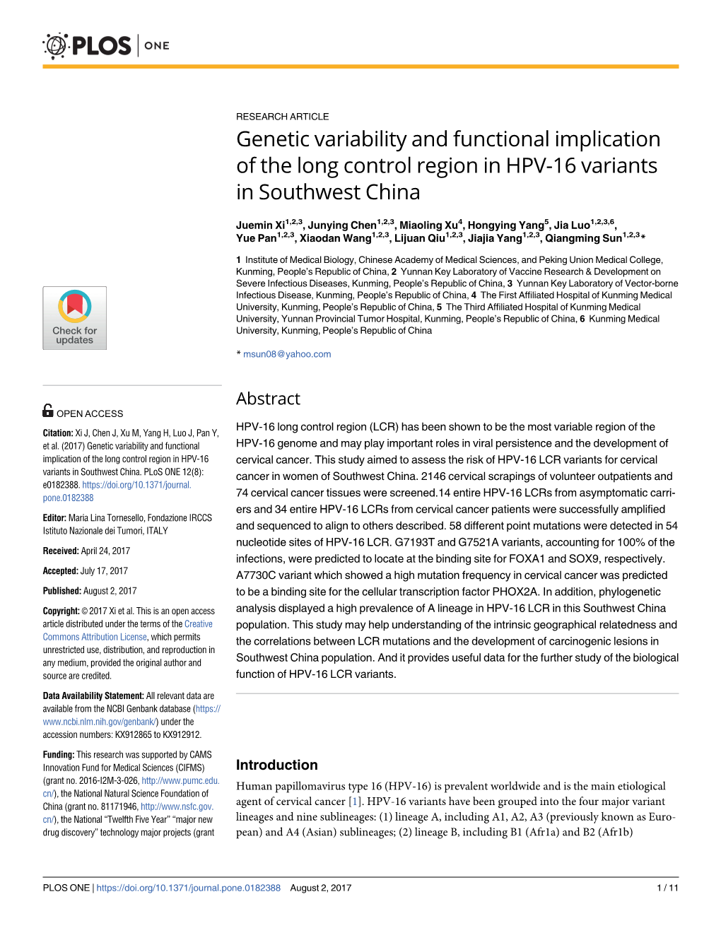 Genetic Variability and Functional Implication of the Long Control Region in HPV-16 Variants in Southwest China