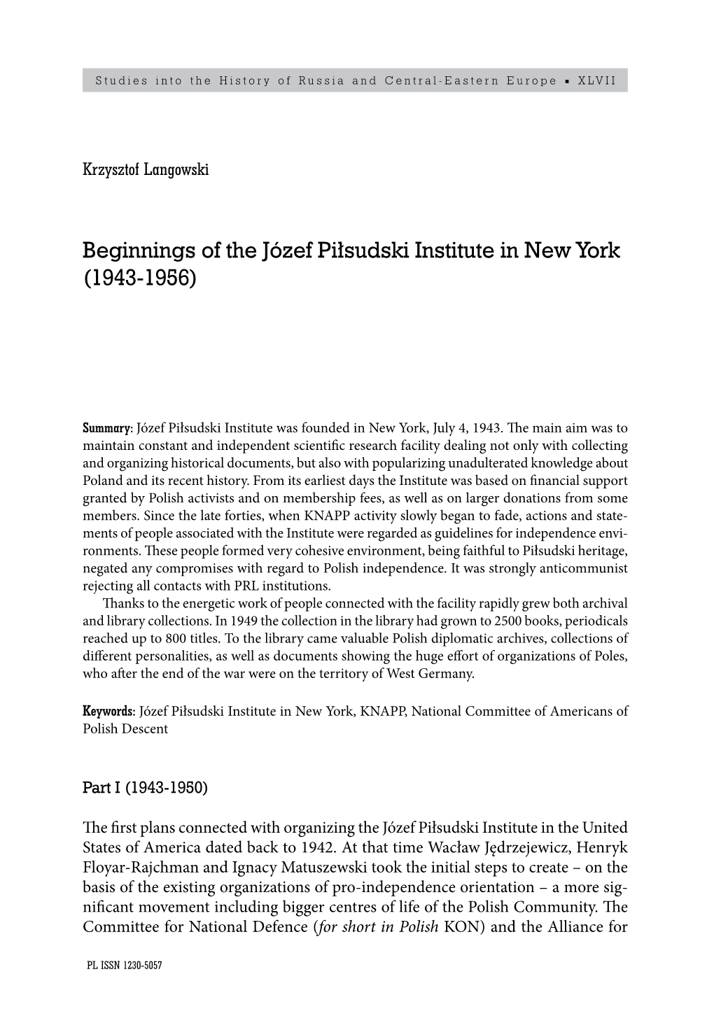 Beginnings of the Józef Piłsudski Institute in New York (1943-1956)