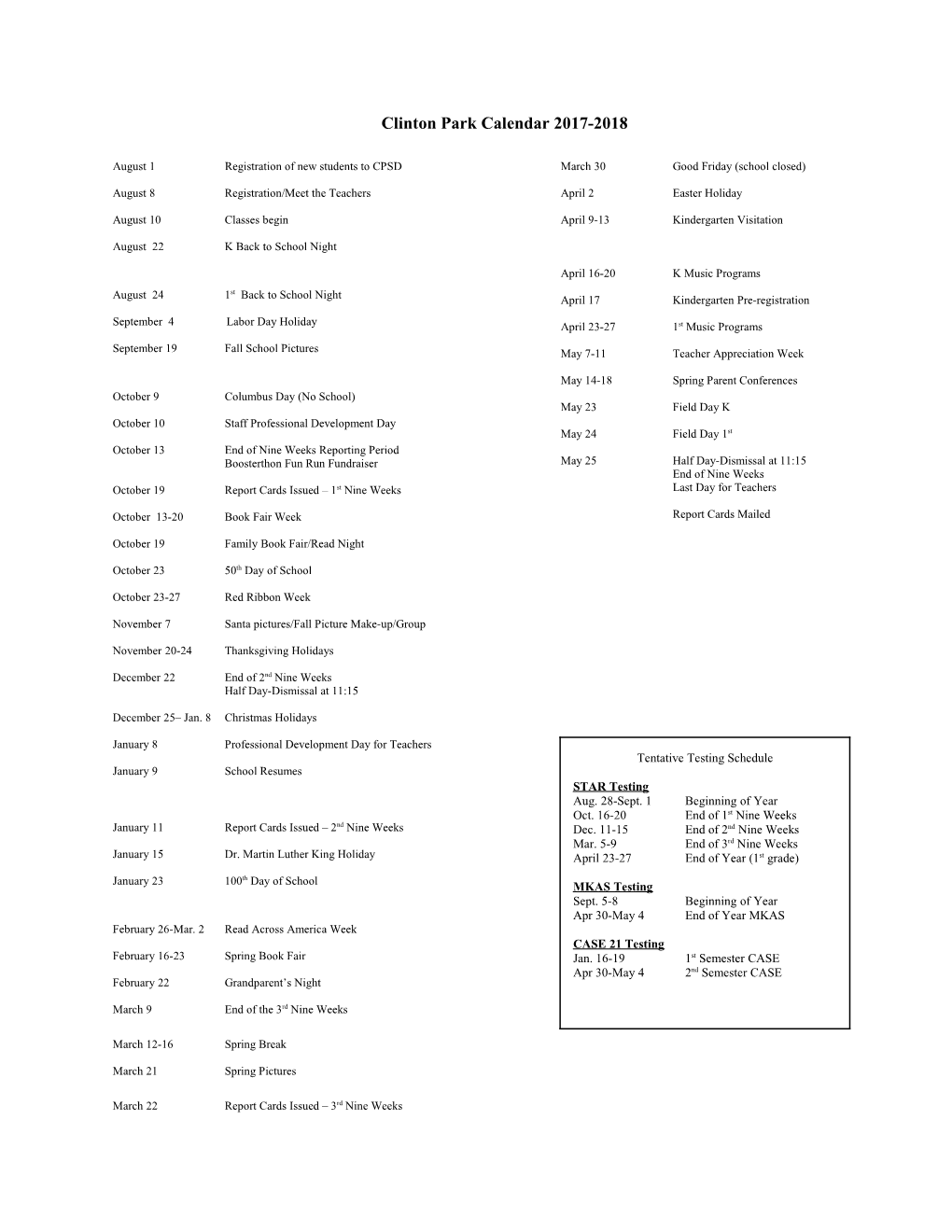 Clinton Park Calendar 2015-2016