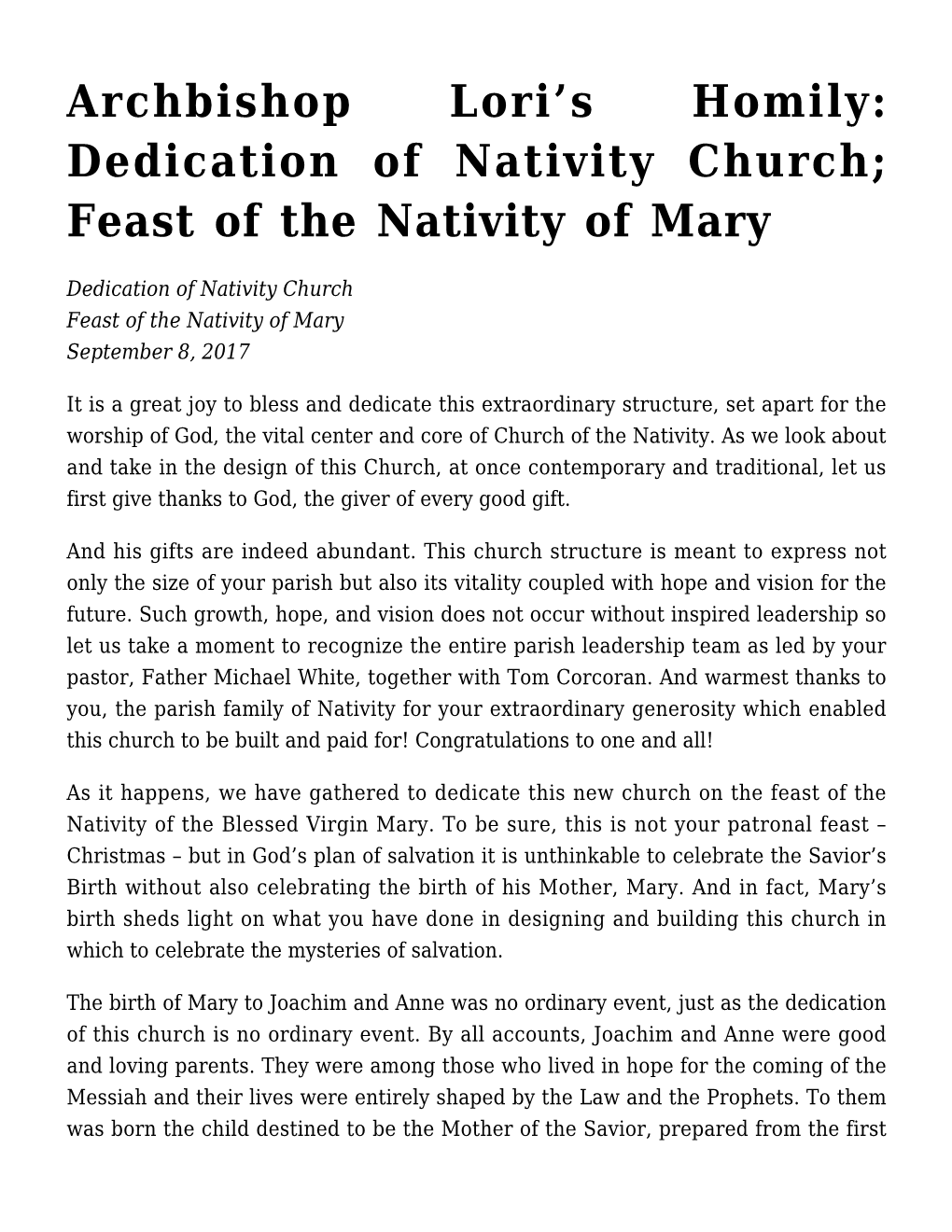 Archbishop Lori's Homily: Dedication of Nativity Church; Feast of The
