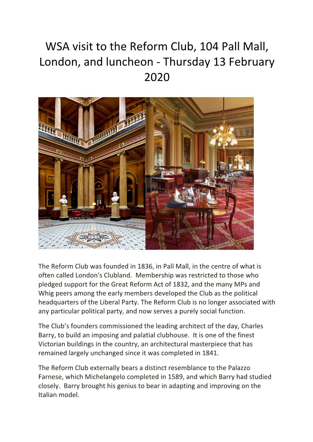 WSA Visit to the Reform Club, 104 Pall Mall, London, and Luncheon - Thursday 13 February 2020