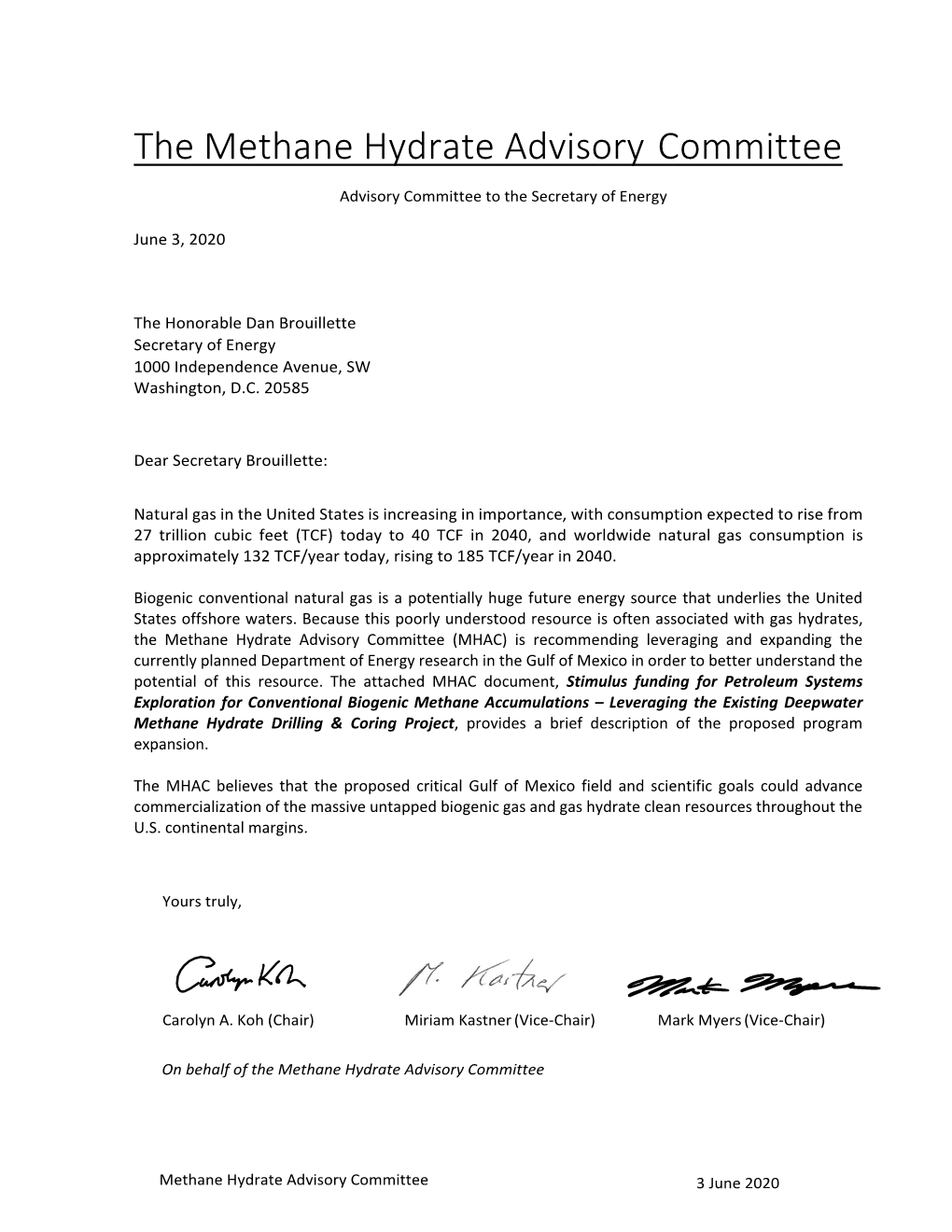Methane Hydrate Advisory Committee, June 3, 2020, Recommendations to the Secretary of Energy