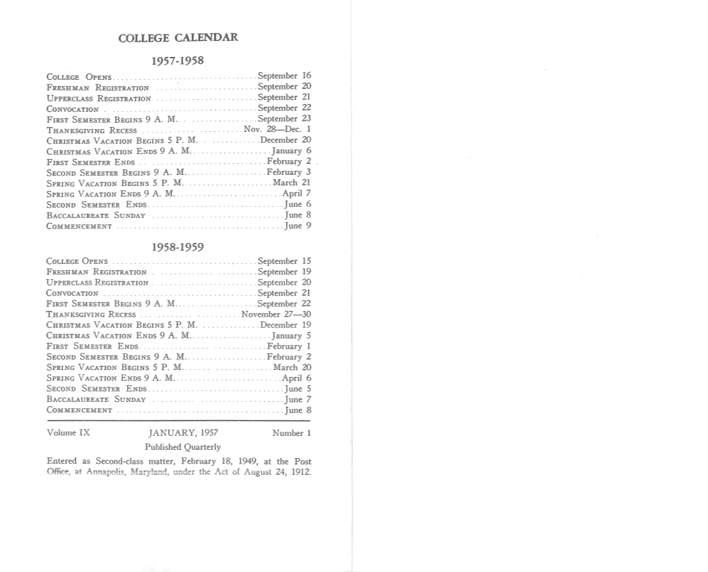 College Calendar 1957-1958 1958-1959