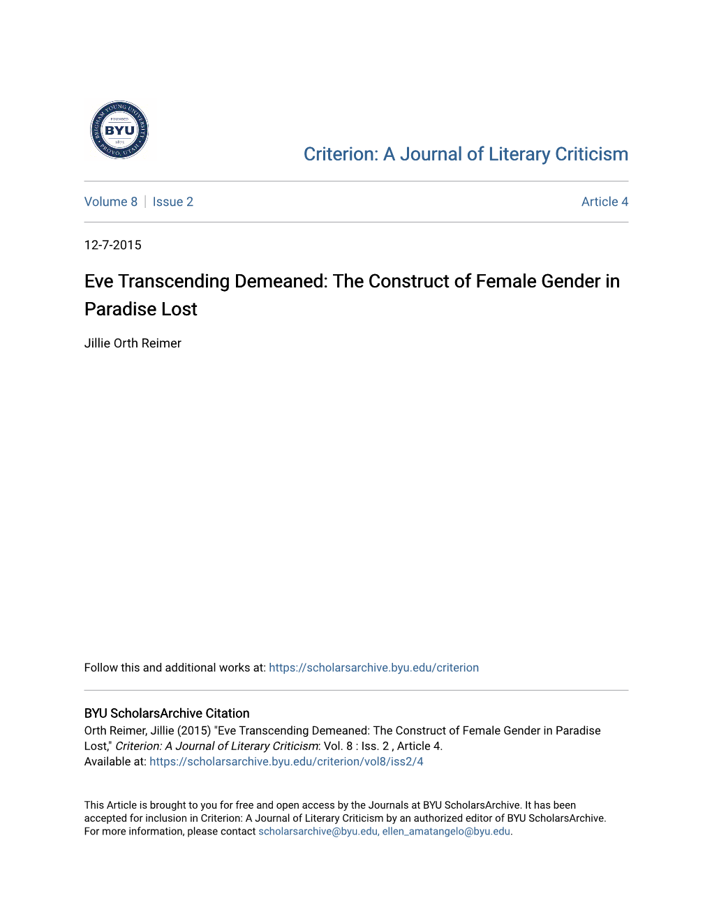 The Construct of Female Gender in Paradise Lost