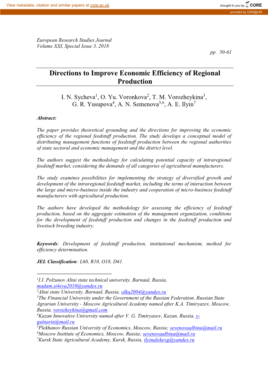 Directions to Improve Economic Efficiency of Regional Production