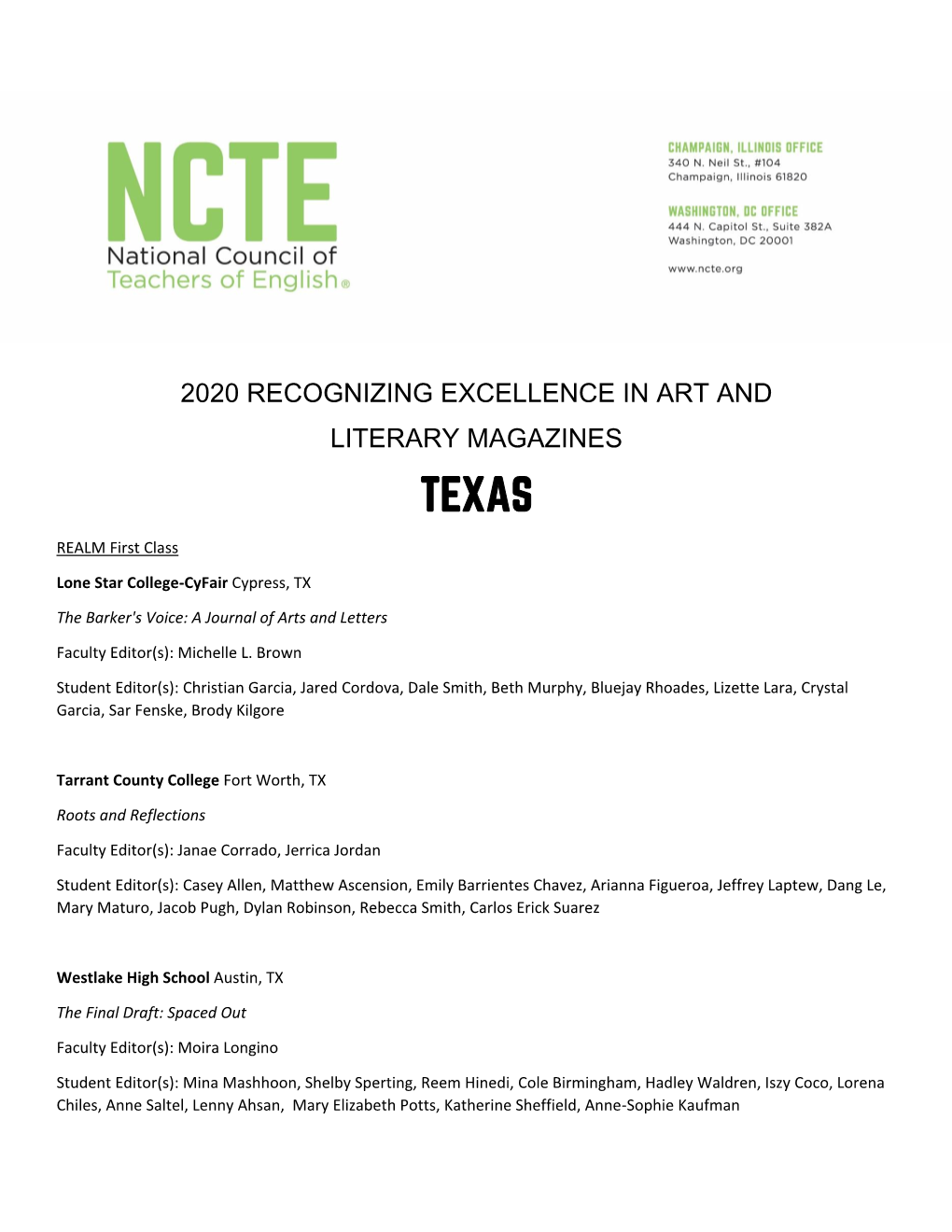 2020 Recognizing Excellence in Art and Literary Magazines Texas