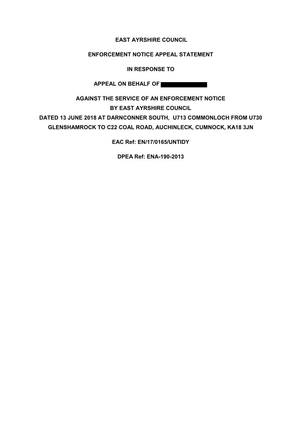 East Ayrshire Council Enforcement Notice Appeal Statement in Response to Appeal on Behalf of Against the Service of an Enforceme