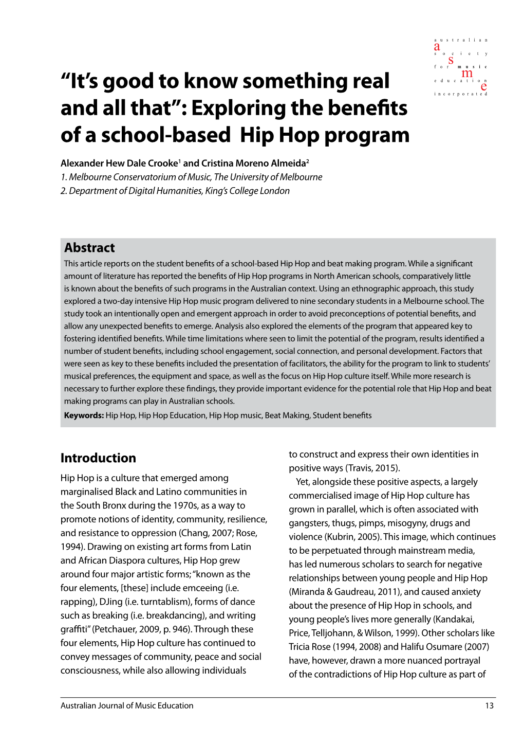 “It's Good to Know Something Real and All That”: Exploring the Benefits of a School-Based Hip Hop Program