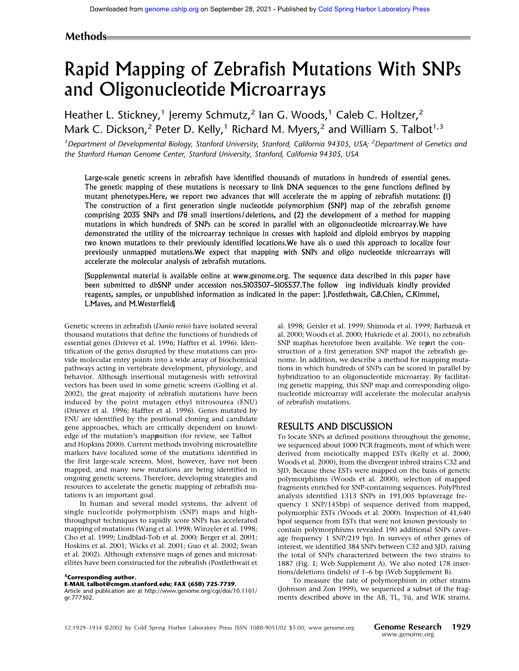 Rapid Mapping of Zebrafish Mutations with Snps and Oligonucleotide Microarrays