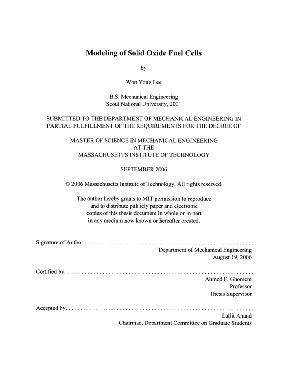 Modeling of Solid Oxide Fuel Cells