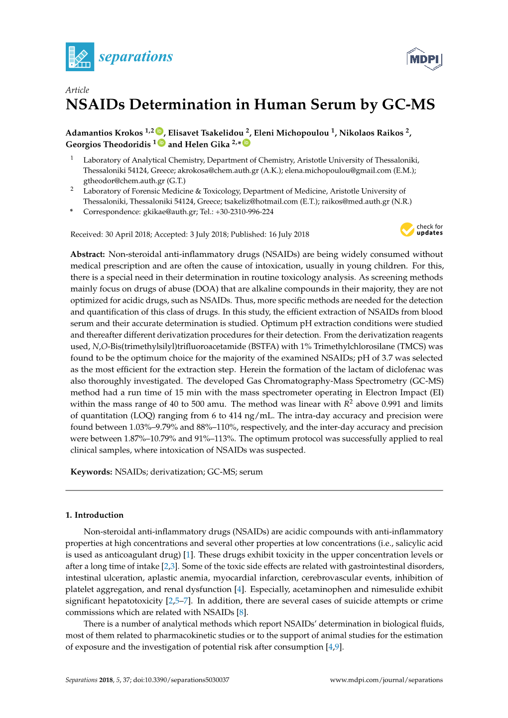 Nsaids Determination in Human Serum by GC-MS