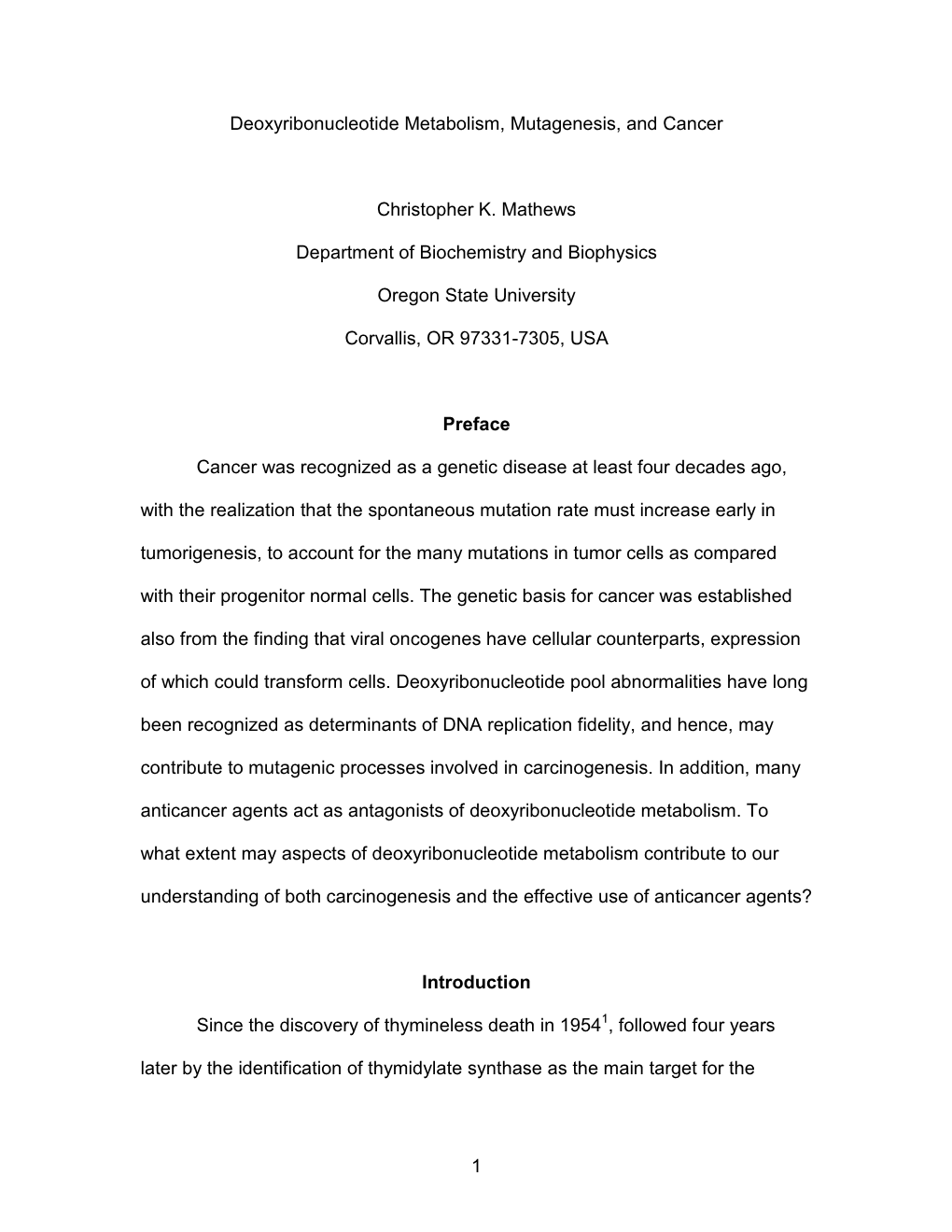 1 Deoxyribonucleotide Metabolism, Mutagenesis, and Cancer