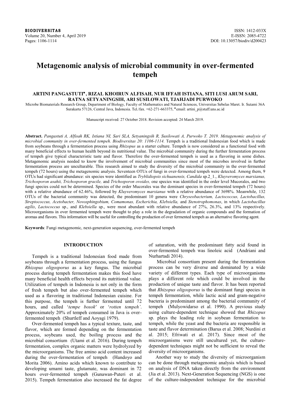 Metagenomic Analysis of Microbial Community in Over-Fermented Tempeh