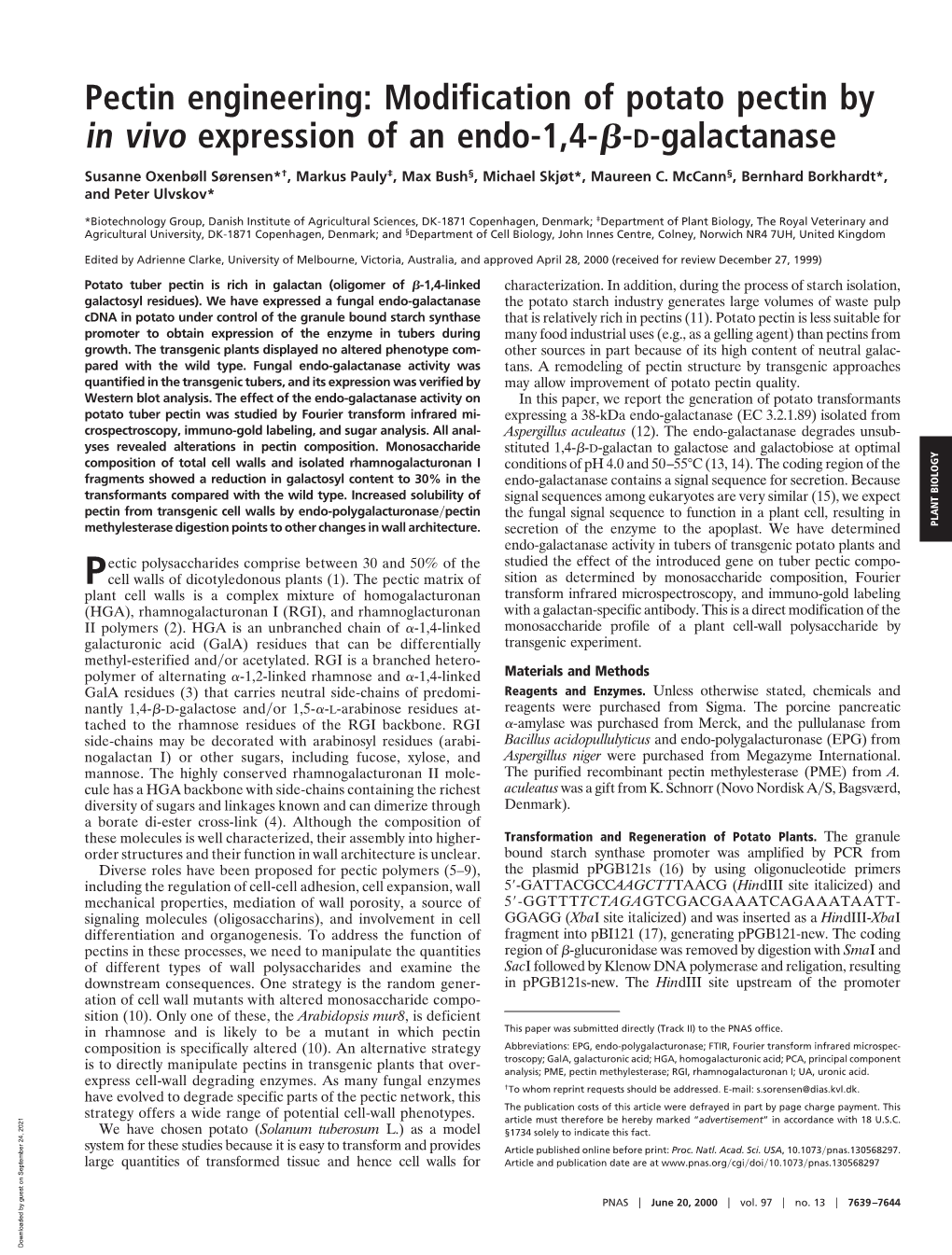 Modification of Potato Pectin by in Vivo Expression of an Endo-1,4-ß-D