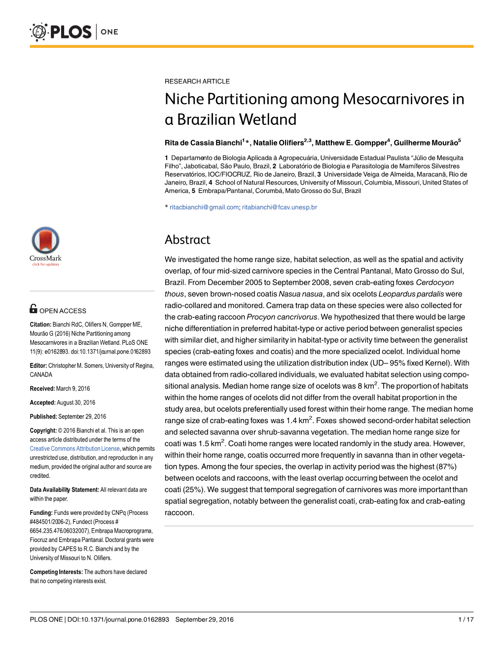 Niche Partitioning Among Mesocarnivores in a Brazilian Wetland