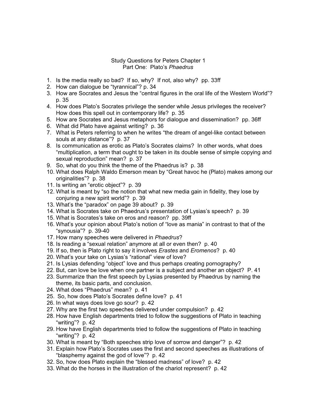 Study Questions for Peters Chapter 1