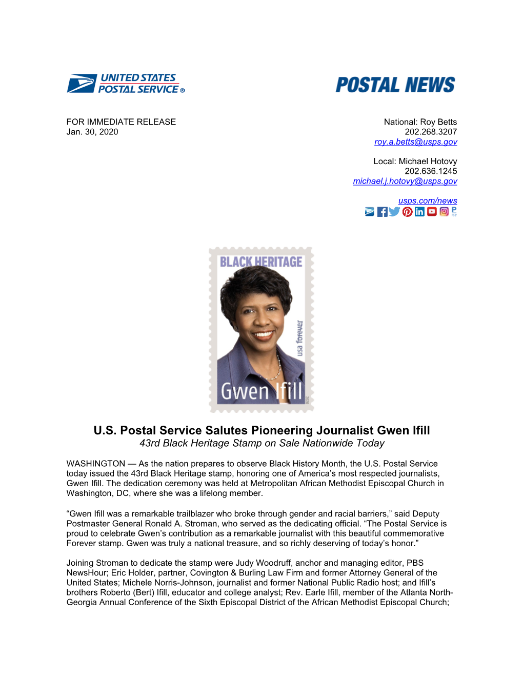 USPS Salutes Pioneering Journalist Gwen Ifill