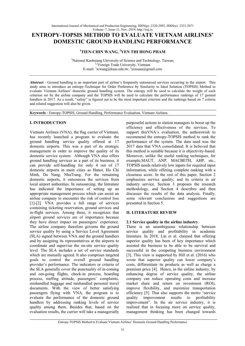 Entropy-Topsis Method to Evaluate Vietnam Airlines’ Domestic Ground Handling Performance