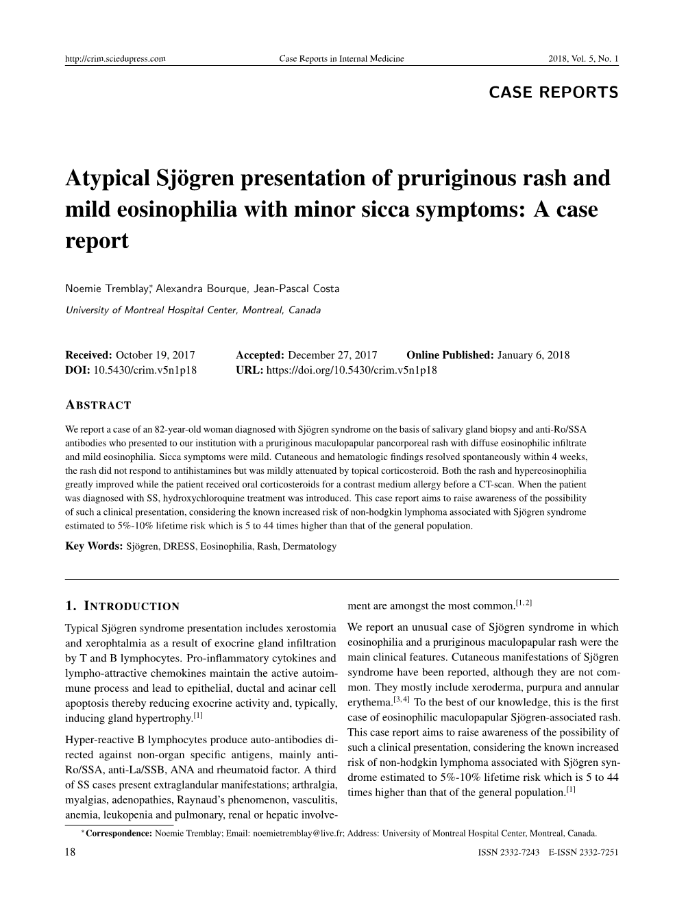 Atypical Sjögren Presentation of Pruriginous Rash and Mild Eosinophilia with Minor Sicca Symptoms: a Case Report