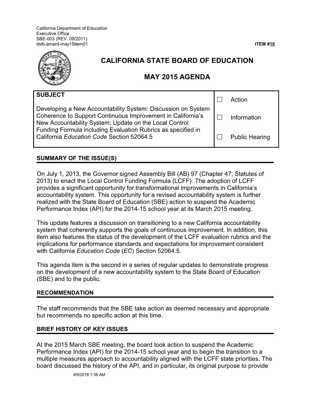 May 2015 Agenda Item 10 - Meeting Agendas (CA State Board of Education)