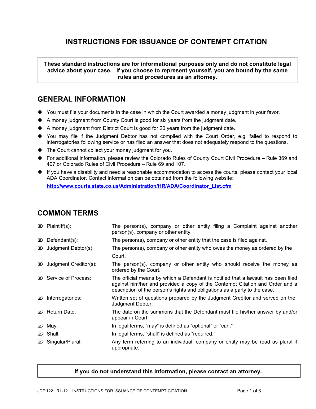 Instructions for Issuance of Contempt Citation