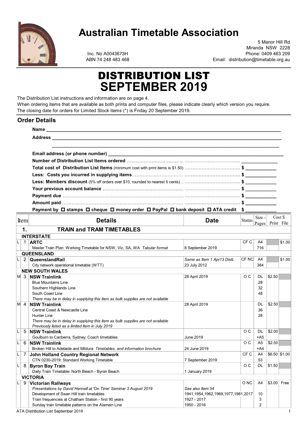 SEPTEMBER 2019 the Distribution List Instructions and Information Are on Page 4