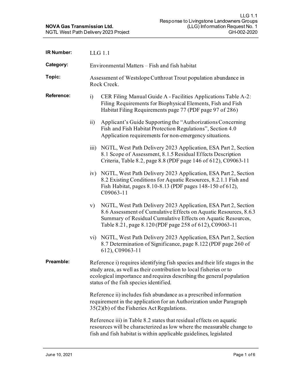 Fish and Fish Habitat Assessment of Westslope Cutthroat Trout