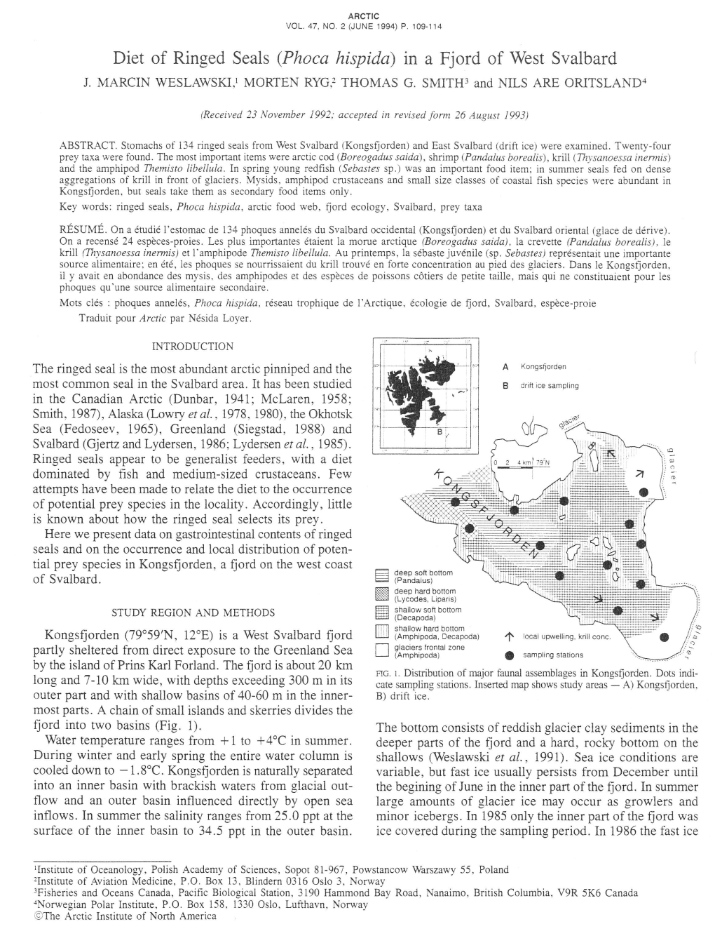 Diet of Ringed Seals (Phoca Hispida) in a Fjord of West Svalbard J