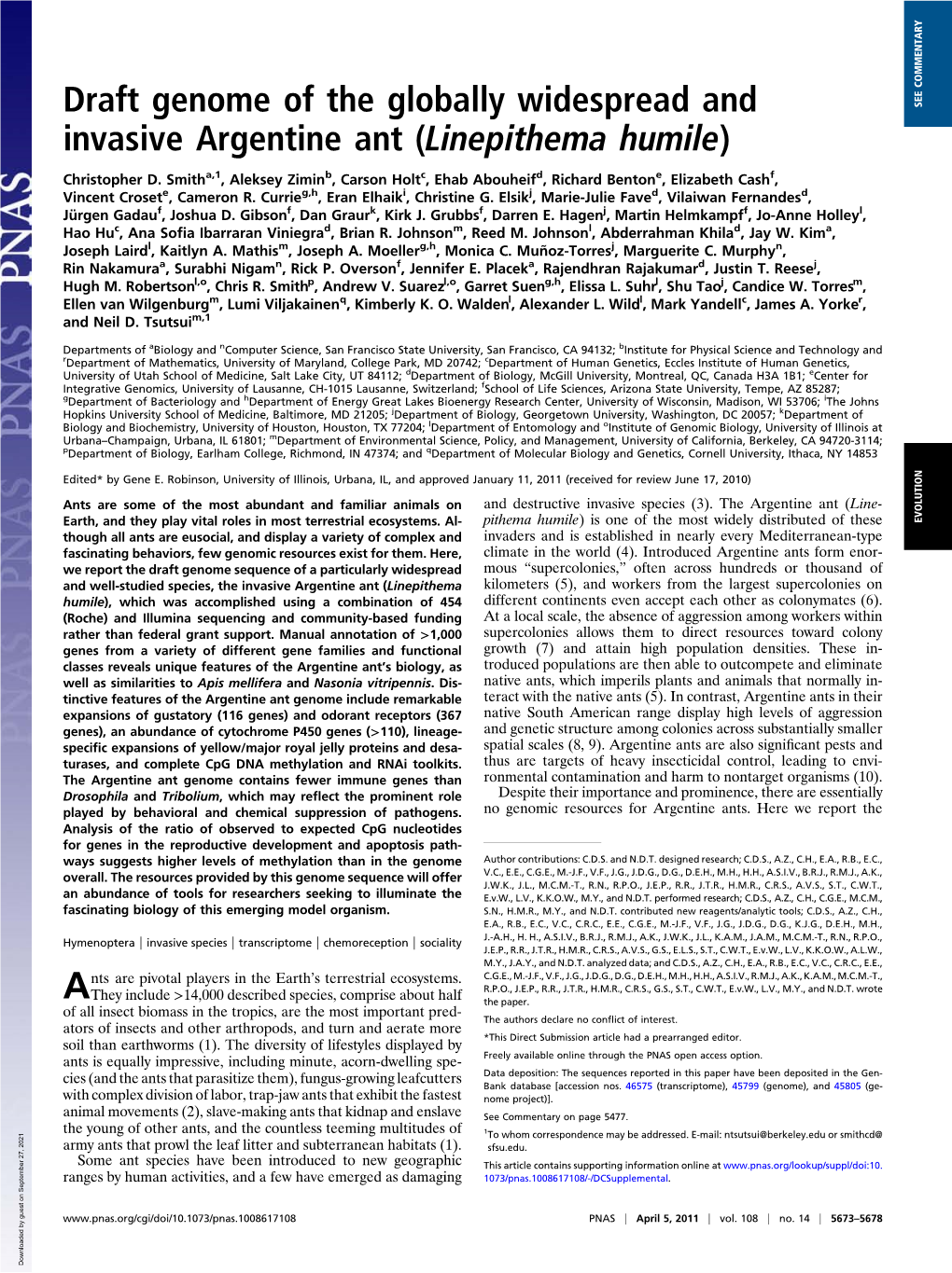 Draft Genome of the Globally Widespread and Invasive Argentine