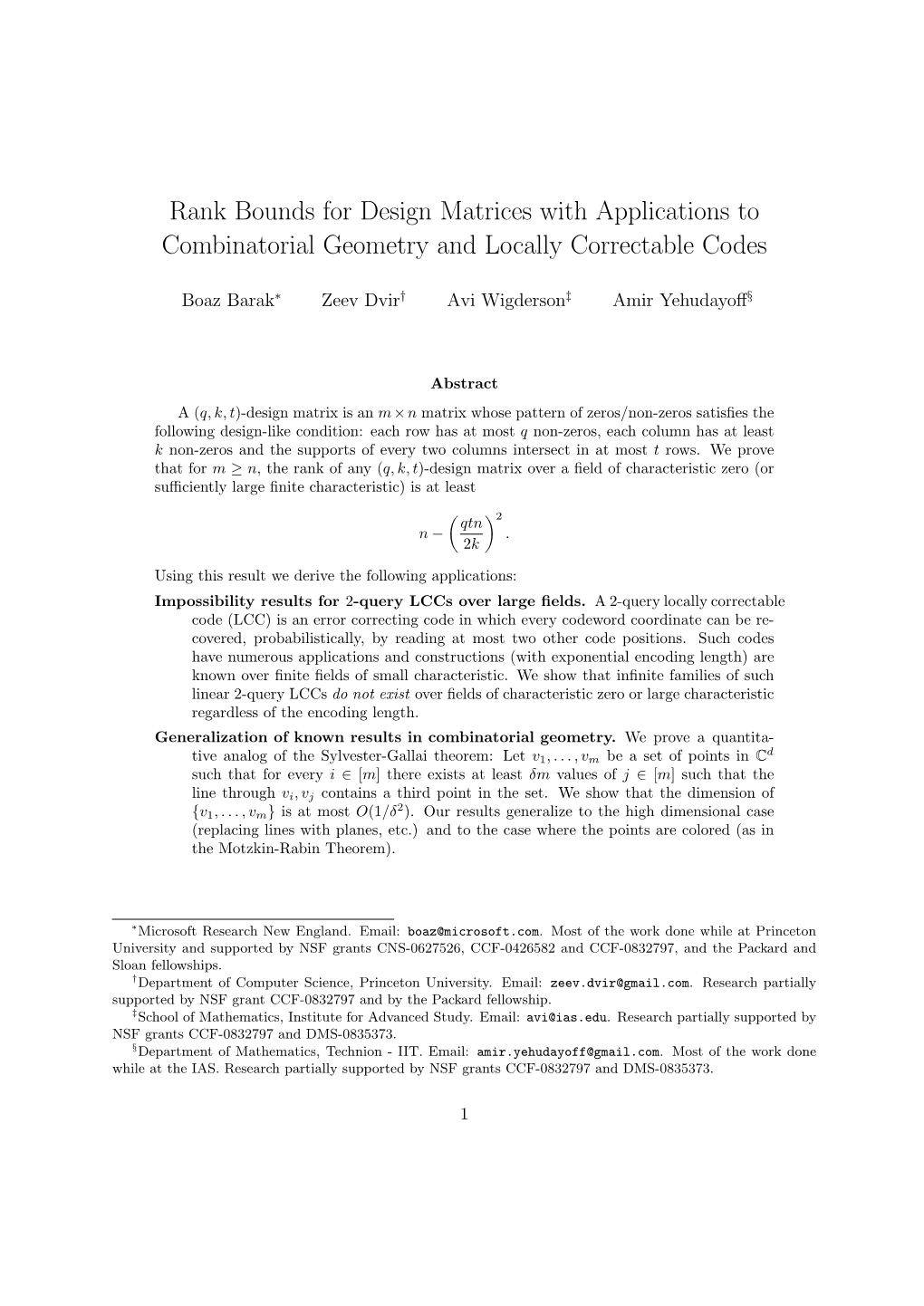 Rank Bounds for Design Matrices with Applications to Combinatorial Geometry and Locally Correctable Codes