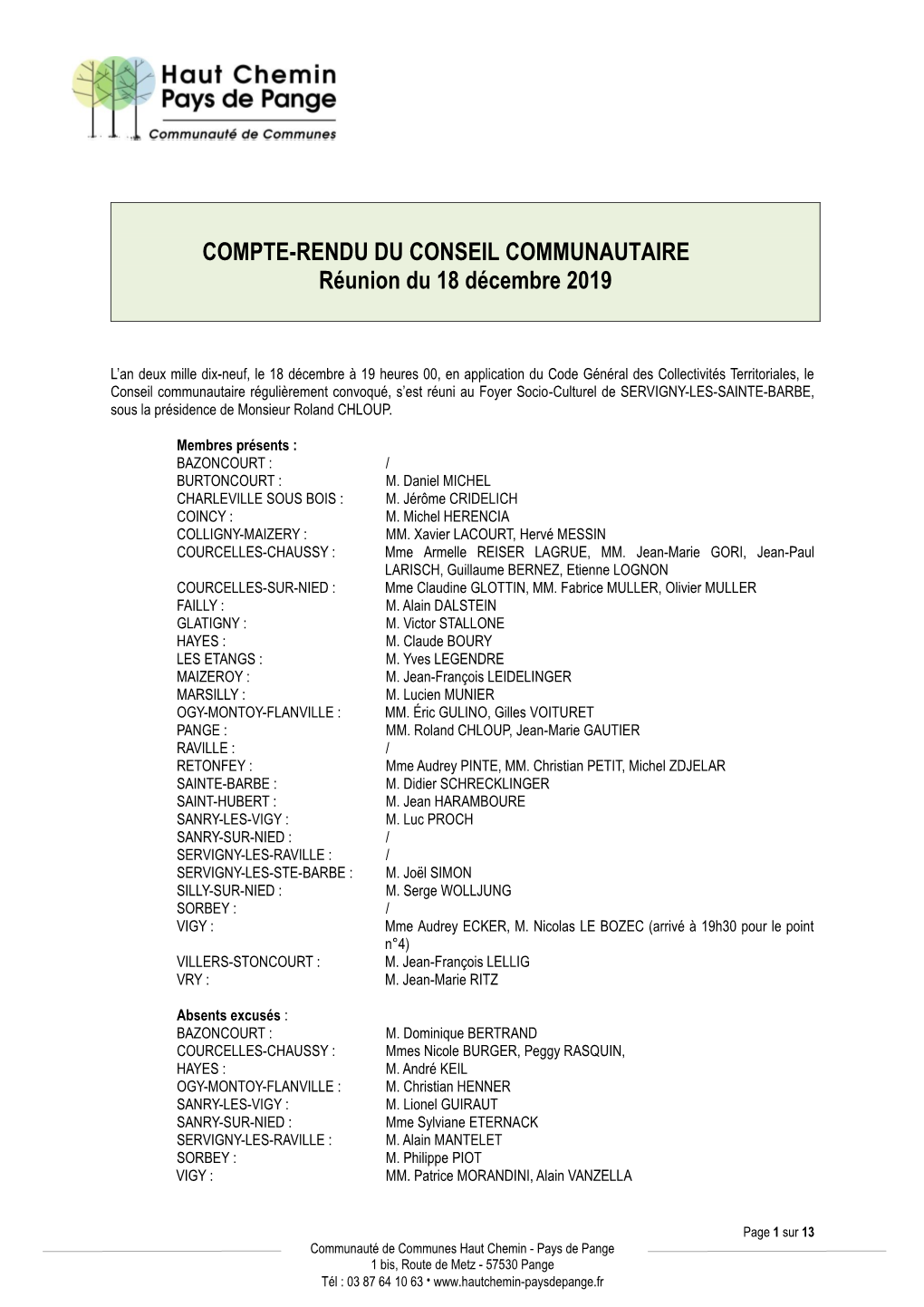 COMPTE-RENDU DU CONSEIL COMMUNAUTAIRE Réunion Du 18 Décembre 2019