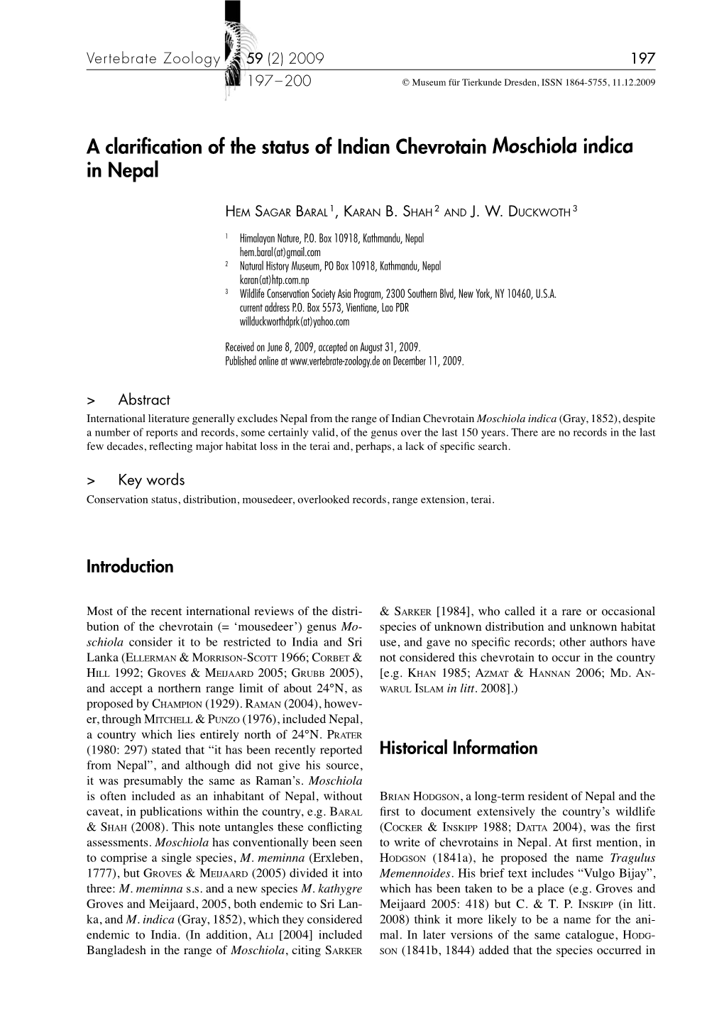 A Clarification of the Status of Indian Chevrotain Moschiola Indica in Nepal