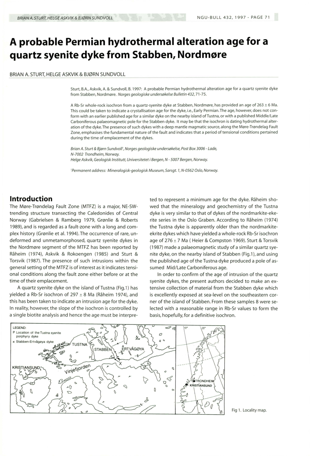 A Probable Permian Hydrothermal Alteration Age for a Quartz Syenite Dyke from Stabben, Nordmere