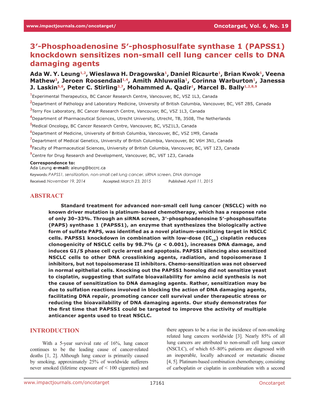(PAPSS1) Knockdown Sensitizes Non-Small Cell Lung Cancer Cells to DNA Damaging Agents Ada W